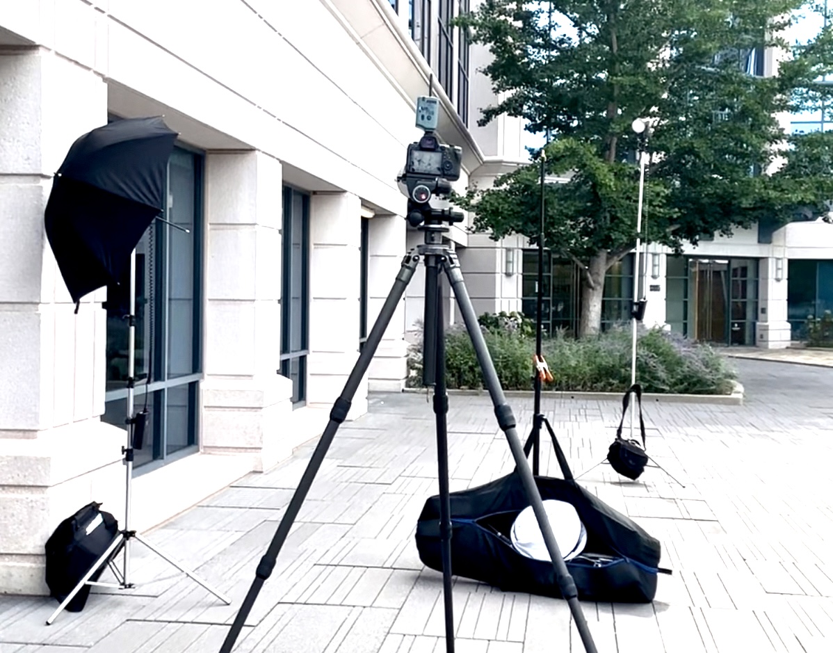 Professional headshot set up for outdoor portraits.