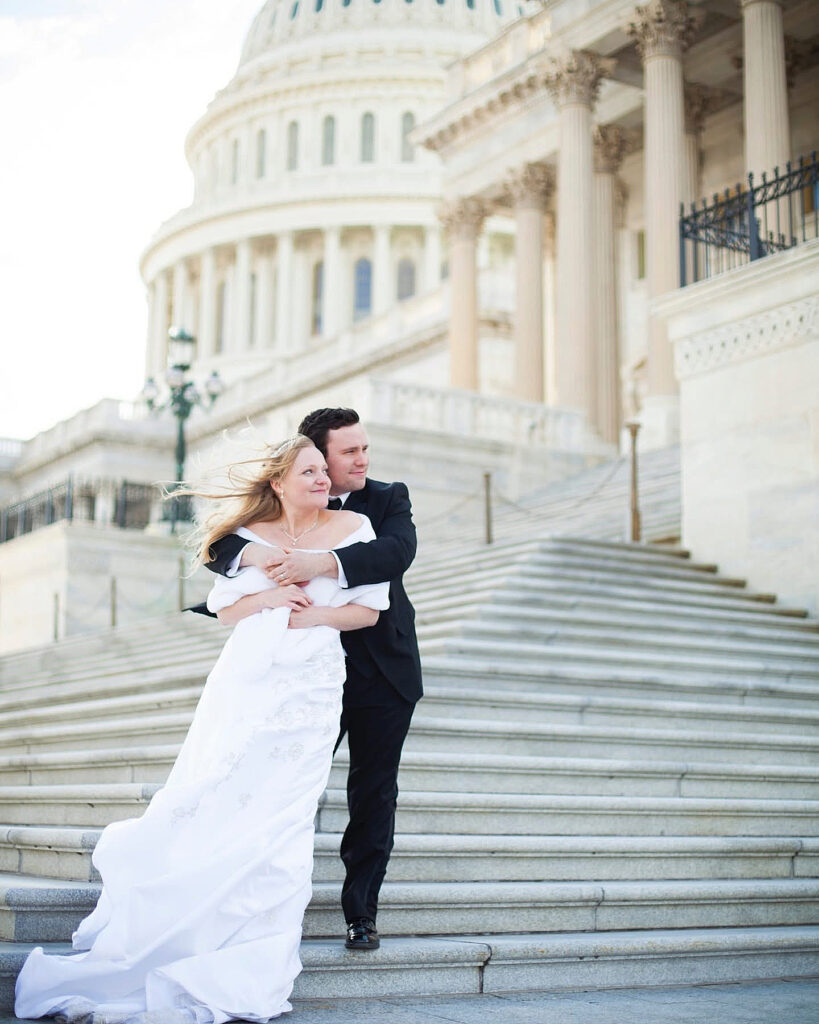 US Capitol Wedding Portrait of couple on windy winter day